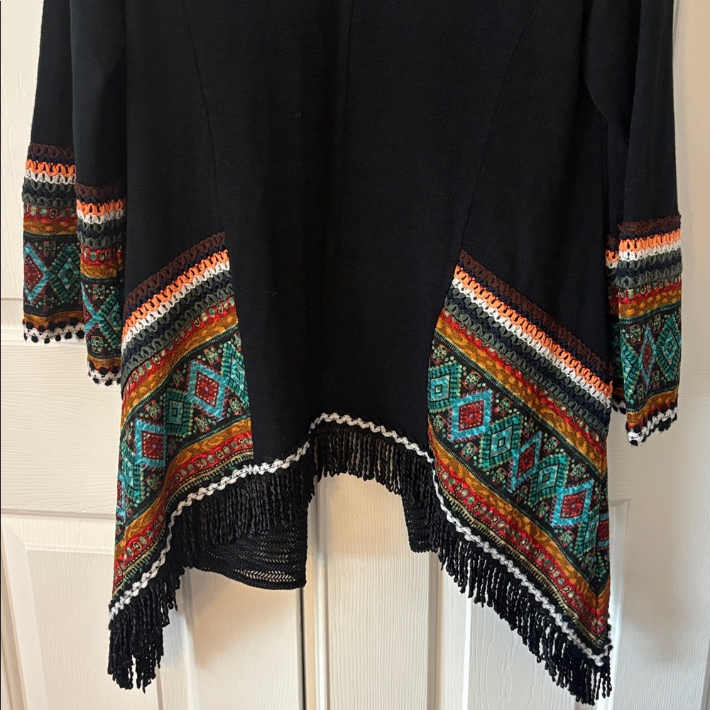 NWT ADORE Brand Bohemian Black Open Front Cardigan with Gorgeous Colorful Trim - Picture 11 of 17